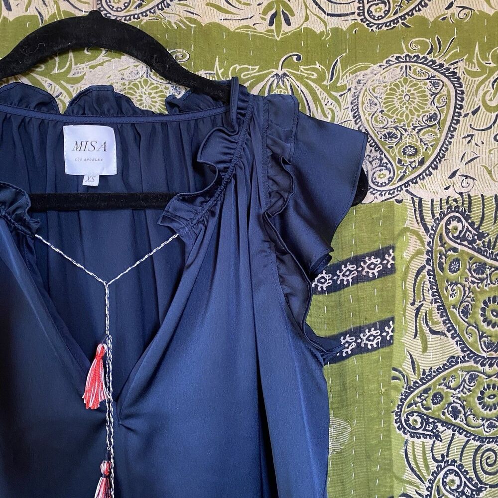 NWOT Misa Blue Fleur Pom Pom Sleeveless V-Neck Satin Blouse Size Extra Small - Picture 7 of 15